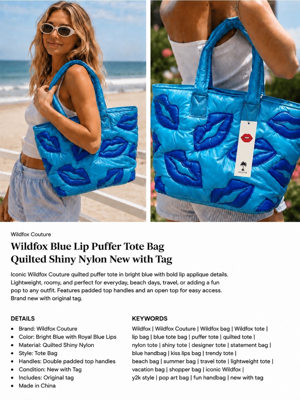 Wildfox Quilted Blue Puffy Tote Bag blue Lips Pattern Travel large bag NWT Zip
